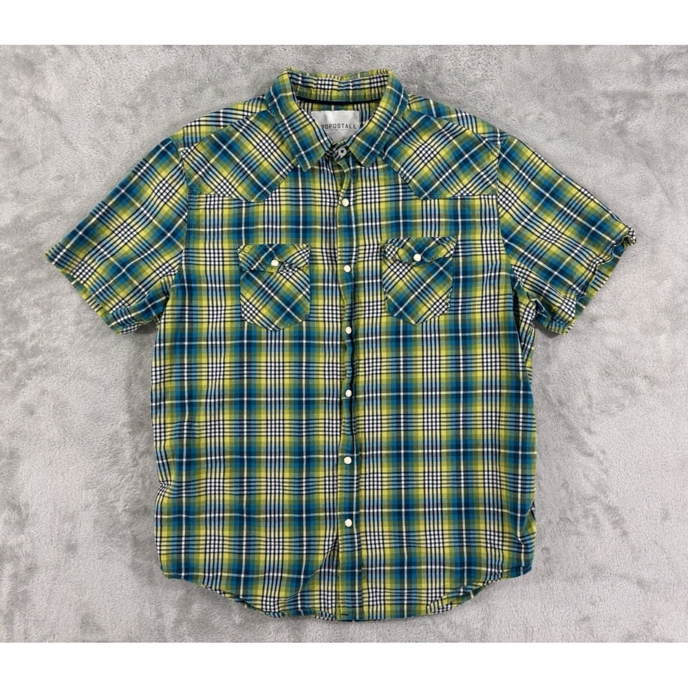 Aeropostale Shirt Mens L Western Preppy Pearl Snap Cowboy Blue Yellow Plaid
